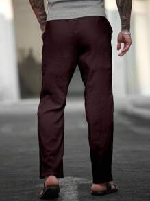 Manfinity Homme Men's Solid Color Waist Tie Pocket Straight Leg Casual Pants, Fall - Coffee Brown - View 2