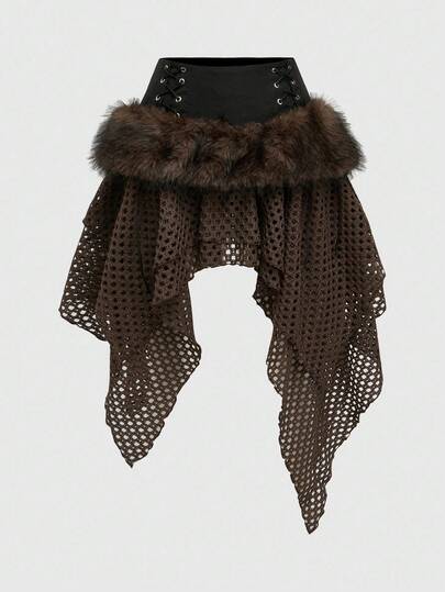 Grunge Punk Vintage Romantic Y2K Baddie Apocalyptic Furry Mesh Patchwork Lace-Up Design Women Low Waist Short Skirt