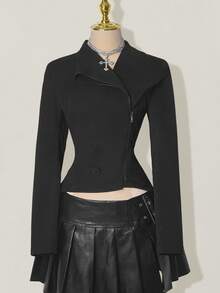 SHEIN ICON Women's Double Layer Collar Fitted Jacket Black Zip Up Jacket In Fall/Winter - Black - View 3