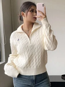 Dazy Plus Zip-Up Half Open Collar Loose Embroidered Pattern Long Sleeve Pullover Sweater, Spring/Autumn - Apricot - View 7