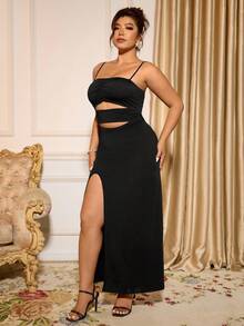 Cravure Váy dài vừa phải màu trơn cỡ lớn dành cho nữ, váy liền thân, khoét lỗ, tối giản, thời trang, phù hợp cho mùa hè - màu đen - Xem 1