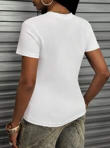 Rovax Women's Lip & Letter Printed Round Neck Short Sleeve T-Shirt Graphic Tees Women Tops - White - View 2