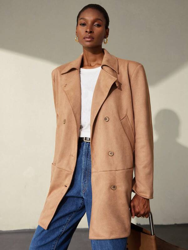 Aveloria Vintage High Street Commuter Blazer With Lapel, Pocket & Shoulder Pad Design, Suede Material, Women Long Sleeve Mid-Length Jacket Fall Winter Cloth For Women