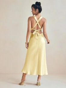 Amiko 浅黄色斜纹缎面吊带裙，搭配系带婚礼优雅连衣裙夏季度假 - 黃色 - 查看 6
