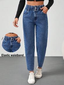 SHEIN Tall 女士牛仔裤休闲修身锥形裤宽腰蓝色牛仔裤高腰女式牛仔裤女式裤子冬季女式裤子牛仔服装 - 中等水洗藍 - 查看 1