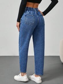 SHEIN Tall 女士牛仔裤休闲修身锥形裤宽腰蓝色牛仔裤高腰女式牛仔裤女式裤子冬季女式裤子牛仔服装 - 中等水洗藍 - 查看 6