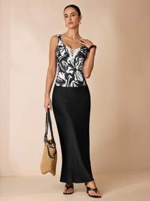 Shutterstock Glamance Women's Lace Detail Black & White Print Fitted Camisole Lace Up Top Tops For Women Elegant Criss Cross Top Flowy Top Casual - Black and White - View 1