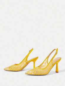 CUCCOO HITCHD 女士刺绣蕾丝尖头细高跟优雅浪漫白色新娘婚鞋 - 黃色 - 查看 10