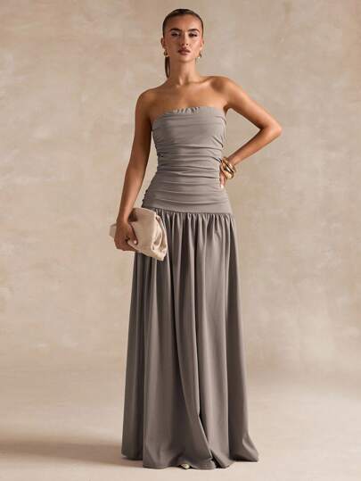 SHEIN BAE Women's Elegant Solid Color Dress, Autumn Gathered Tube Top Simple Minimalist Maxi Skirt Dress, Old Money Style, Office Siren Dress, Fall Dresses For Women, Business Casual Woman, Wedding Guest, Flowy Dress, Off The Shoulder Dress