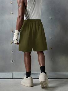 NEON BLANC Shorts de punto con cinta bordada con letras, moda callejera para hombres - Verde militar - Ver 4