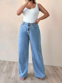 SHEIN Cottnline 100% Cotton HIGH WAIST WIDE LEG CUT PLUS SIZE  JEAN - Light Wash - View 6