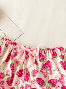 Tween Girls Elastic Waist Bow Decor Strawberry All-Over Print Lace Patchwork Cute Panties Underwear - Pink - View 3