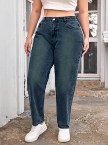 SHEIN Cottnline Quần jean ống côn 100% cotton cỡ lớn - Màu xanh ngọc - Xem 5