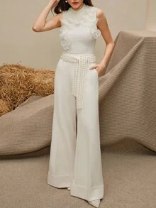 Anewsta Tall Quần ống rộng nữ thanh lịch, thời trang công sở và hẹn hò, thắt lưng đính cườm, kiểu dáng xuân/hè. - Màu be - Xem 6