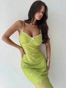 Firerie 女士休闲绿色蕾丝提花蝴蝶结连衣裙/蕾丝连衣裙/秋季女装/秋冬打底装/校服/露肩/约会夜装/浪漫约会/派对装/节日装 - 綠色 - 查看 3