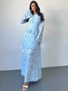 Firerie Rochie midi elegantă pentru femei, decupată, cu volane, în linie A, cu mâneci evazate, albastră, potrivită pentru vacanță, întâlniri, întoarcerea la școală, absolvire, purtare zilnică