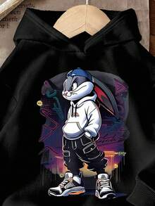 SHEIN 男童休闲舒适针织酷兔图案印花长袖厚连帽衫，配蓝色遮阳帽