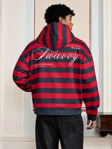 SWAVVY Men's Casual Hoodie With Digital Print Red And Black Striped Long Sleeve Sweatshirt, Spring/Autumn, For Fall Winter - Multicolor - View 1