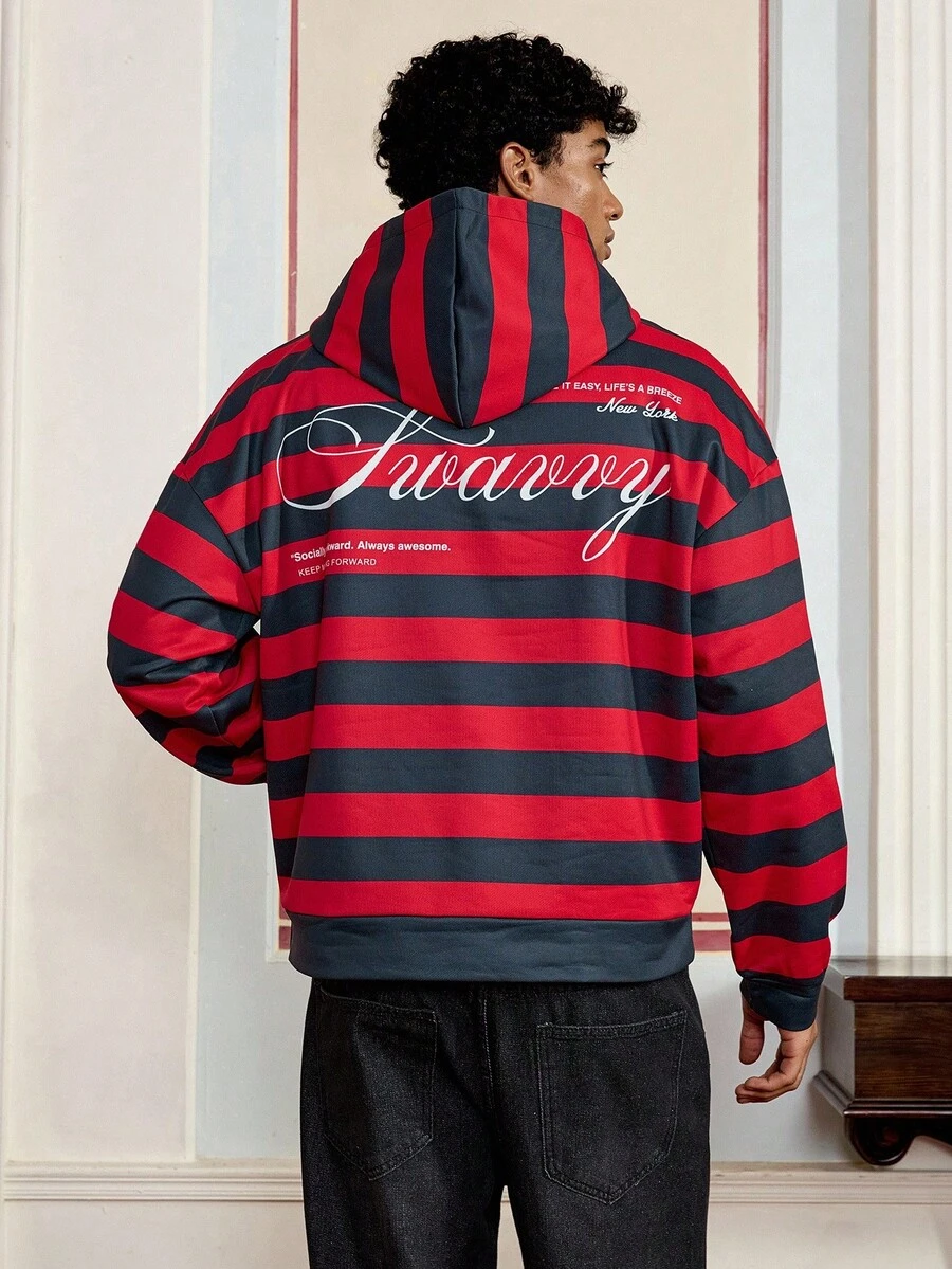 SWAVVY Men's Casual Hoodie With Digital Print Red And Black Striped Long Sleeve Sweatshirt, Spring/Autumn, For Fall Winter - Multicolor - View 1