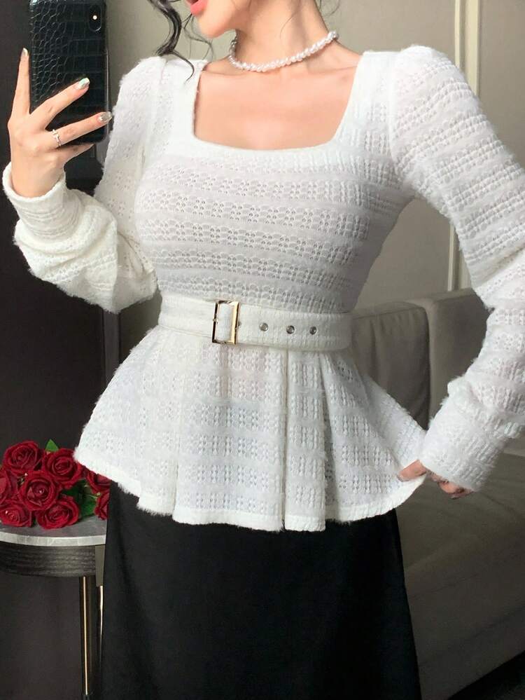 Autumn/Winter Square Collar Belted Ruffle Hem Sexy Elegant Fitted Puff Sleeve Top, Hollow Textured Knit Long Sleeve Women T-Shirt, Suitable For Wedding, Party, Back To School,Fall Women Clothes Cute Tops Babydoll Top
