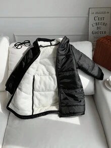 SHEIN 1pc Young Boy Casual Collegiate Thermal Lined Padded Knee-Length Hooded Quilted Coat,Practical Fashion Versatile Contrast Jacket For Autumn/Winter - Black - View 6