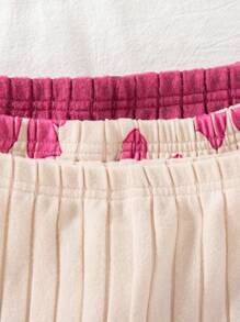 SHEIN Playful Pals 6件套可爱女婴春秋罗纹面料蝴蝶结印花/蝴蝶结印花/纯紫红色长袖弧形下摆T恤和修身裤休闲时尚装 - 彩色 - 查看 11