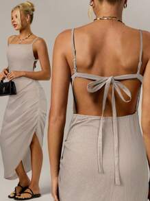 SHEIN Forever 21 Vestido minimalista negro de primavera con tirantes finos, espalda descubierta y abertura, adecuado para la playa, citas y vacaciones - Café integral - Ver 6