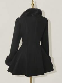 SHEIN ICON 女士优雅喇叭形人造毛皮拼布双排扣夹克，秋冬 - 黑色 - 查看 9