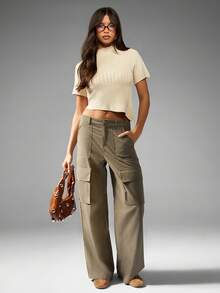 MISSGUIDED Ribbed Knit Mock Neck Crop Top Autumn Winter Short Sleeve Fitted Basic Sweater Casual Versatile Modern Minimalist Office Weekend Wear - Apricot - View 3