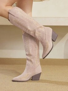 Styleloop 1 Pair Retro Chunky High Heel Over-The-Knee Western Boots - Khaki - View 5