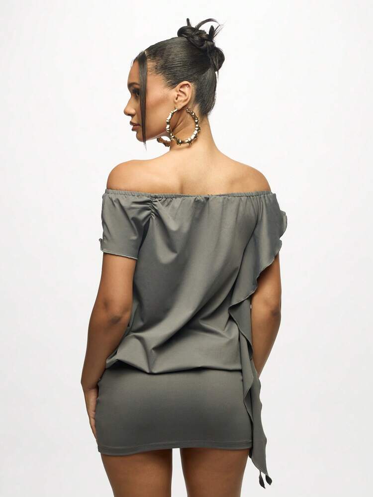 SUMWON WOMEN オフショルダー ギャザー ミニドレス 74番プリント サイドタイ ディテール 秋冬 パーティー クラブ ナイトアウト ボディコン