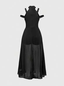 ROMWE Summer Vacation Style Gothic Moon Hollow Out Mesh Splice Off-Shoulder Slit Women Dress - Black - View 2