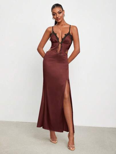 Thainara Oliveira Satin Contrast Lace Tie Front Split Thigh Cami Dress