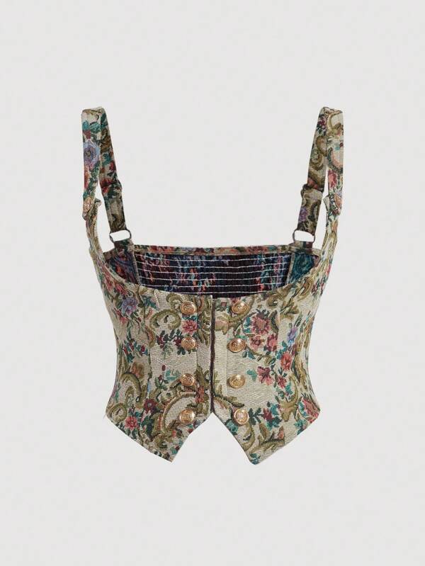 SHEIN MOD Corsé vintage de tirantes de espagueti jacquard con doble hebilla, bustier de mujer de talla grande