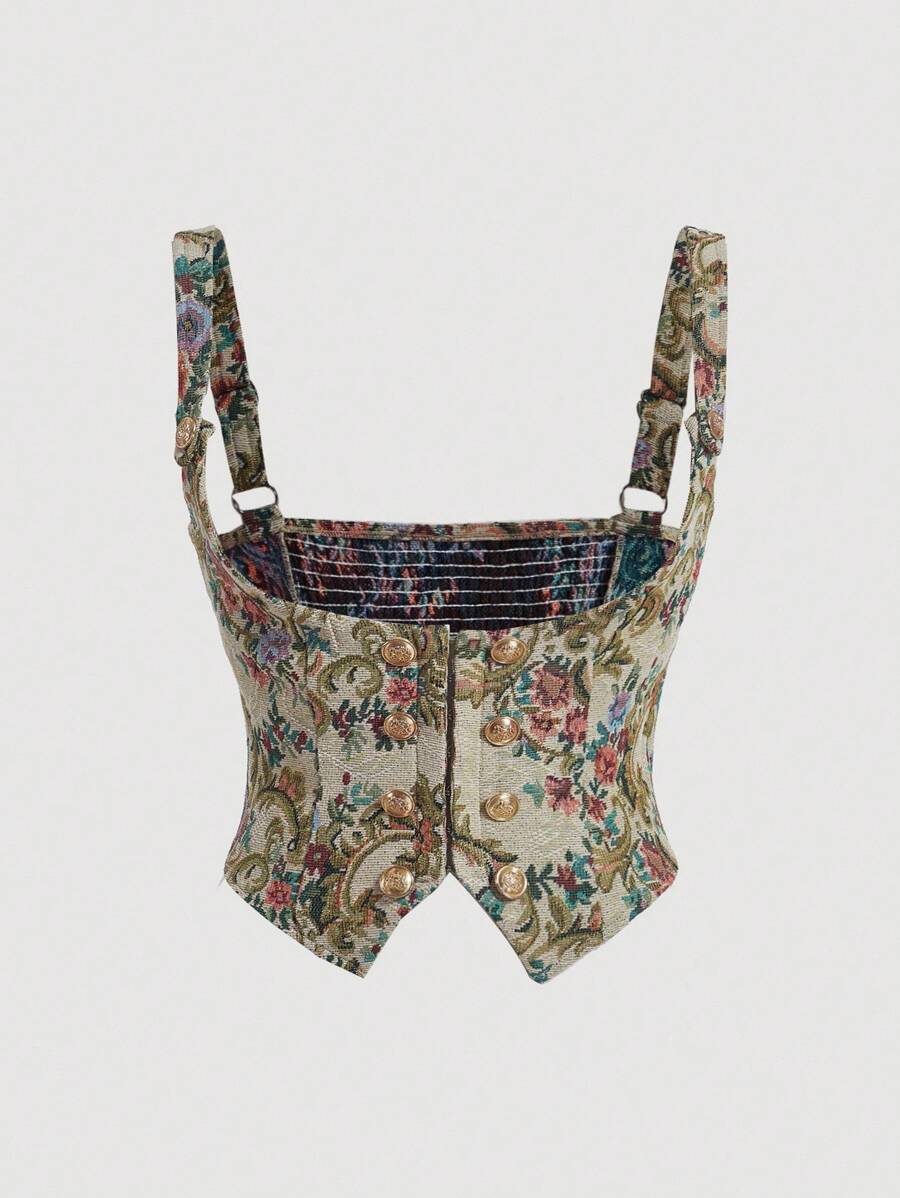 SHEIN MOD Vintage Jacquard Spaghetti Strap Corset With Double Buckle, Plus Size Women's Bustier - Multicolor - View 1