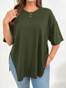 SHEIN Essnce Áo thun tay ngắn xẻ tà thời trang xuân hè rộng rãi thoải mái cho nữ cỡ lớn, kiểu dáng đơn giản, áo đi chơi, đồ mặc ở sân bay cho nữ, mùa hè châu Âu - xanh quân đội - Xem 3