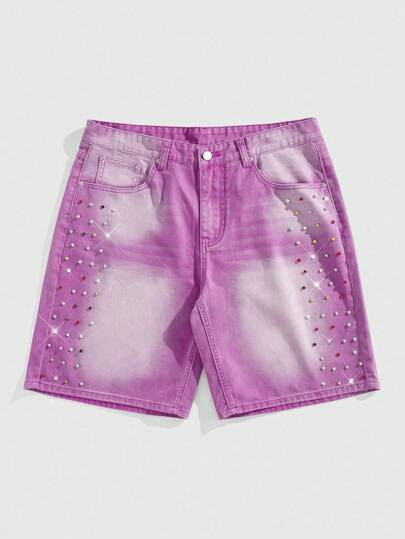 Street Life Pantalones cortos de mezclilla holgados con diamantes de colores para hombre