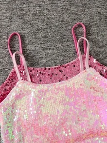 SHEIN 2pcs/Set Tween Girls' Casual Street Style Sequin Strap Tank Top - Pink - View 3