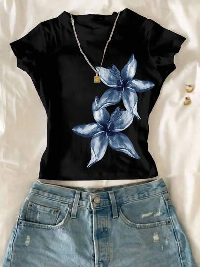 Tween Girls Floral Print Cropped Snug Fit Round Neck Casual T-Shirts, Suitable For Summer