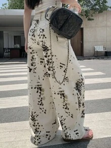 DAZY 女式纹理印花锥形哈伦裤，休闲街头风格牛仔裤 - 白色 - 查看 5