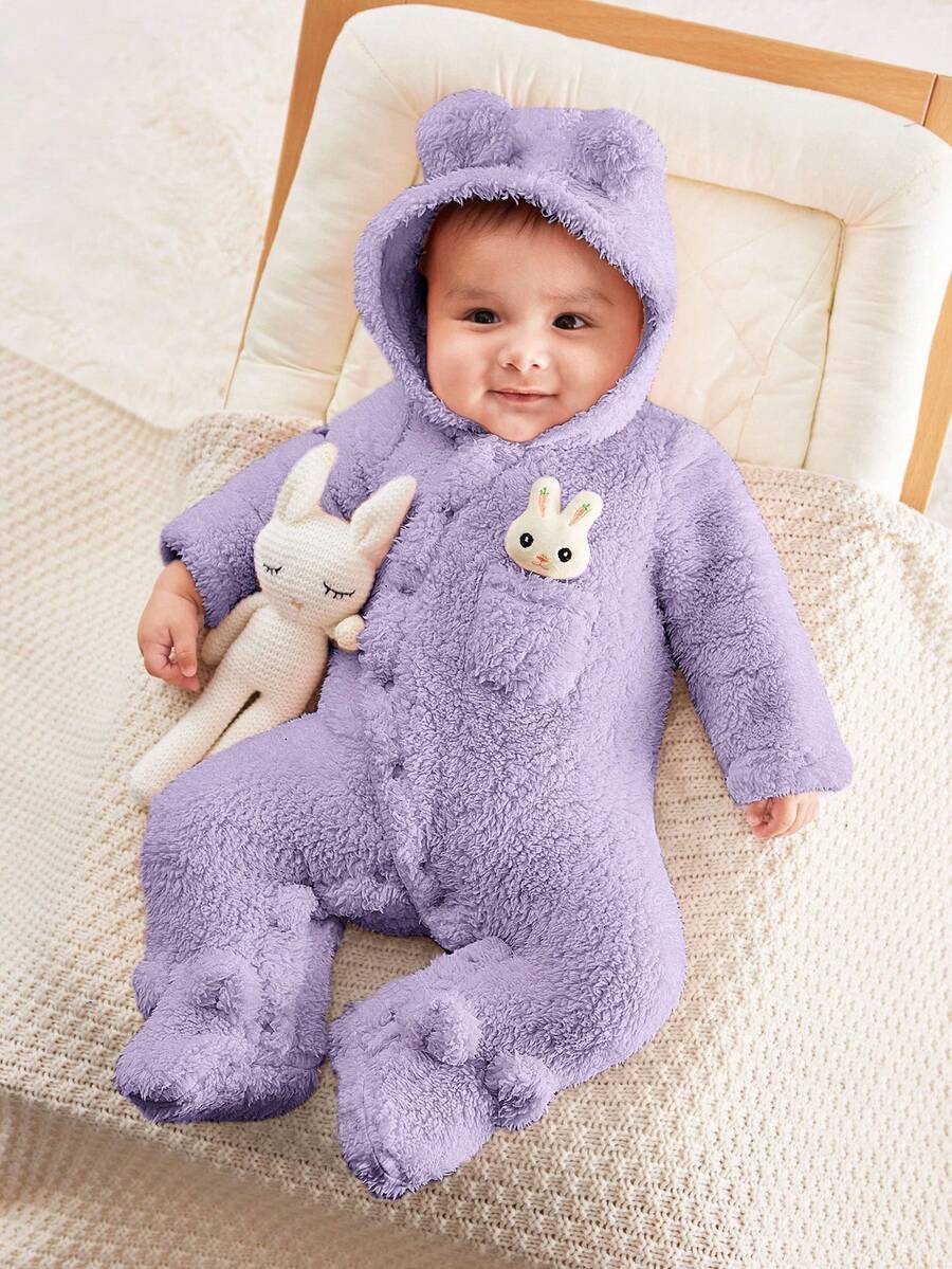 SHEIN Baju Terusan Bayi Perempuan Baru Lahir Berkerudung dan Berkaki Bahan Fleece untuk Musim Gugur dan Musim Dingin - Mauve Purple - View 1