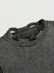 ROMWE MEN Grunge Punk Men's Casual Washed Distressed Crew Neck Knit Vest - Black - View 3