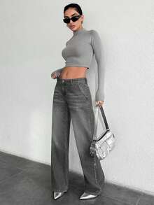 EURMUSE Pantalones vaqueros rectos de ajuste holgado y casual de 100% algodón con bolsillos para uso diario de mujeres - Gris Claro - Ver 5