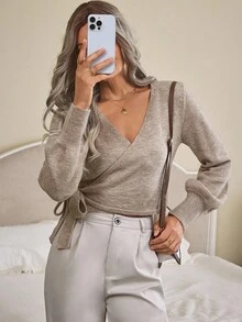 Louniche Floral Print Wrap-Style Cropped V-Neck Tie Waist Long Gigot Sleeve Casual Elegant Sweater For Women,Long Sleeve Tops