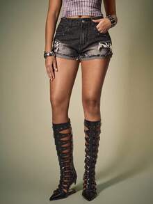 Shutterstock Women's Distressed Sexy Zebra Print Ripped Denim Shorts, Suitable For Halloween Party, Back To School, Street Style Y2K, Autumn Women Denim Shorts Y2k Jean Shorts High Waisted Jean Shorts Mini Jean Shorts Jean Shorts Women - Black - View 2