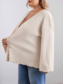 SHEIN CURVE+ Curve Plus Size/Roupas de Outono/Roupas Femininas de Outono/Roupas de Inverno para Mulheres/Roupas de Inverno Plus Size Botão de Pérola Decote em V Profundo Mangas Compridas Cardigan de Malha, Traje de Negócios Plus Size Suéter 8xl Roupas Femininas 6xl Roupas Femininas Plus 5xl Plus Size Cardigan Plus Size Roupas de Outono para Mulheres, Inverno, CURVE PLUS - Damasco - Ver 8