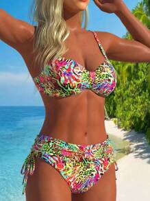 Swim Vcay Women's Sexy Leopard Print Spaghetti Strap Ruched Bikini Set, Summer Vacation - Multicolor - View 3