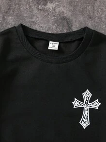 SHEIN Coolqubz 青少年男孩 Y2K 哥德風 Grunge 圖案印花運動衫，休閒寬鬆版長袖圓領套頭街頭風上衣，適合春季、秋季、初冬 - 黑色 - 查看 5