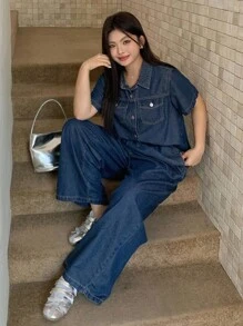 Dazy Plus 2 件大码女式牛仔套装 - 宽松翻领牛仔上衣和松紧腰宽松牛仔裤，深色水洗秋冬