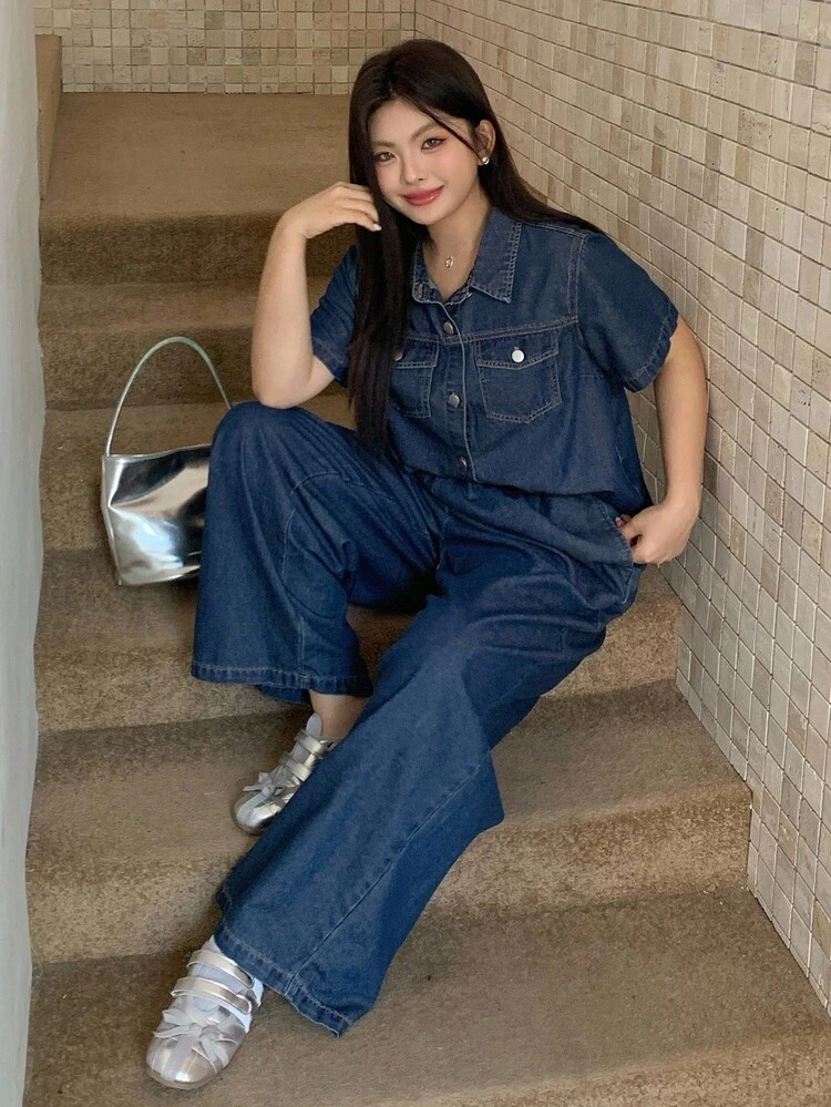 Dazy Plus 2pcs Plus Size Women Denim Set - Loose Turndown Collar Denim Top & Elastic Waist Relaxed Fit Denim Pants, Dark Wash Fall/Winter